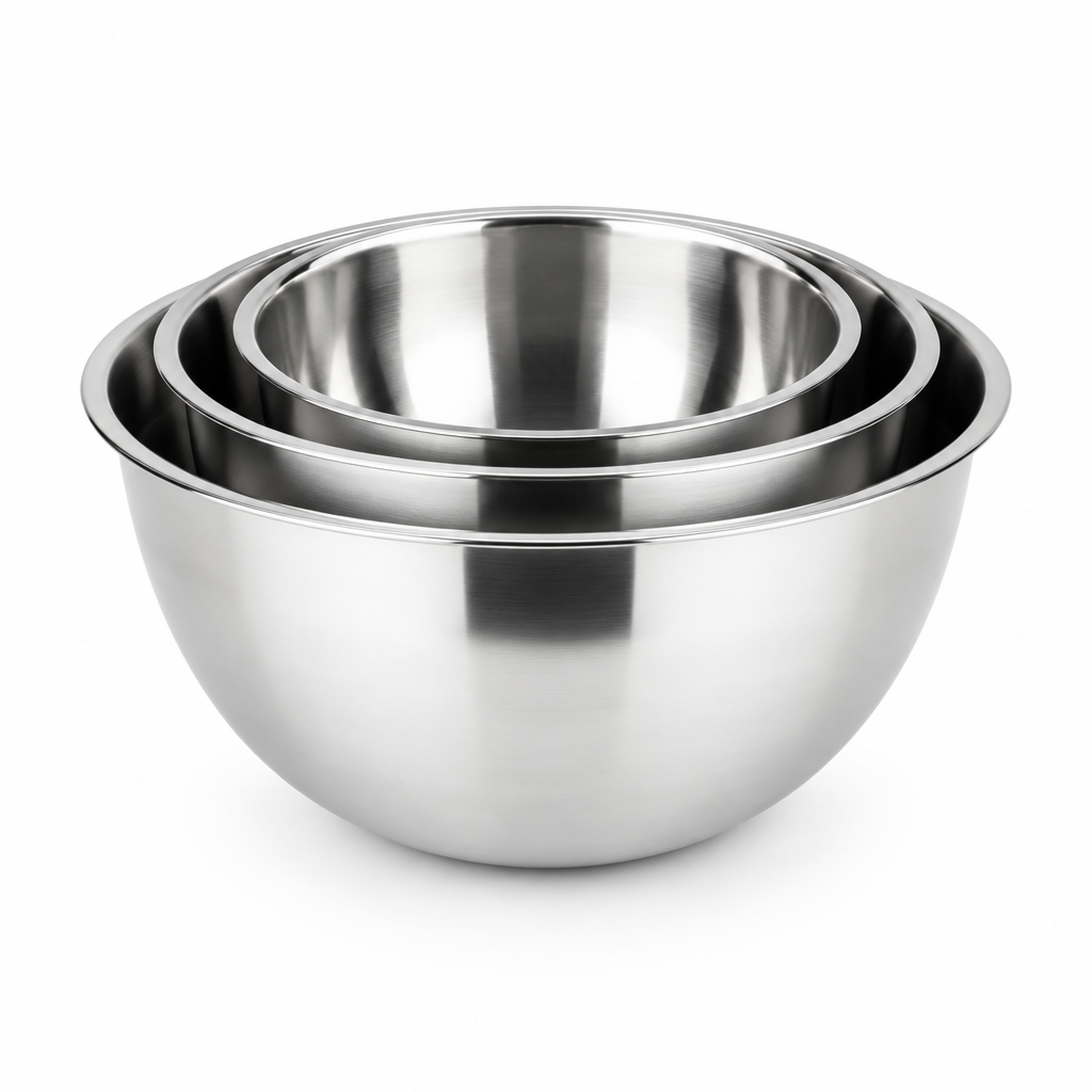 Set of 3 stainless steel mixing bowls on white background