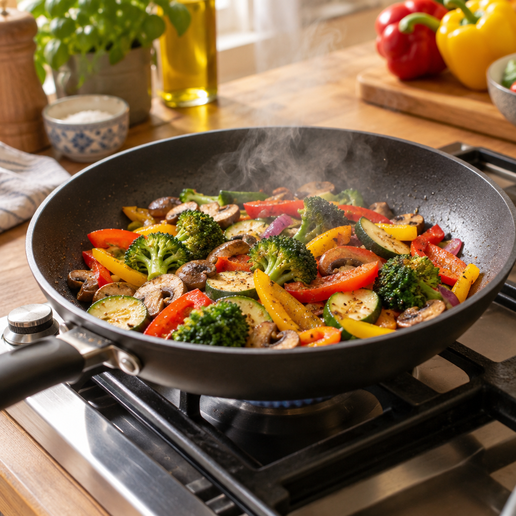 Non-stick frying pan on stove with vegetables