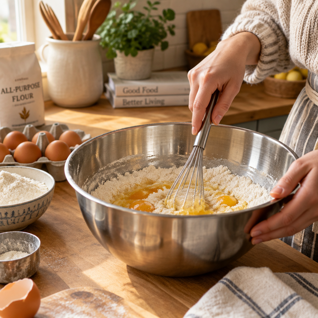 Stainless steel mixing bowl with flour and eggs on kitchen counter
