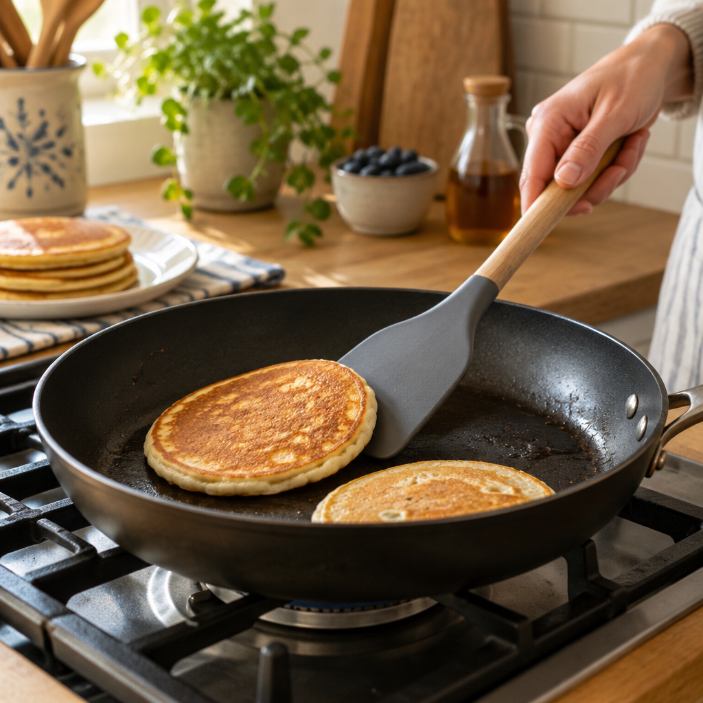 Silicone spatula flipping pancakes in a frying pan