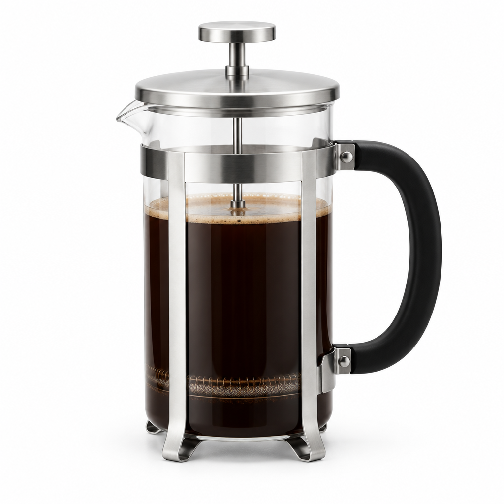 French press coffee maker on white background