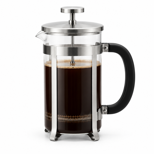 French press coffee maker on white background