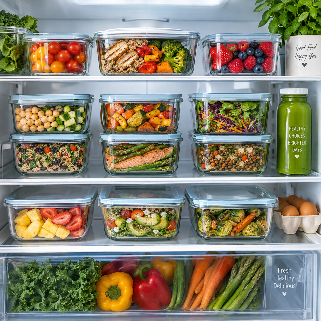 Glass food containers with meal prep food in a refrigerator