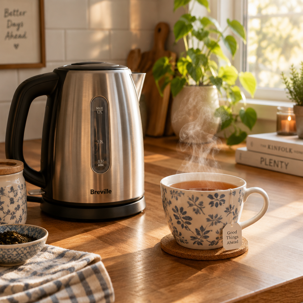 Electric kettle next to a cup of tea on kitchen counter