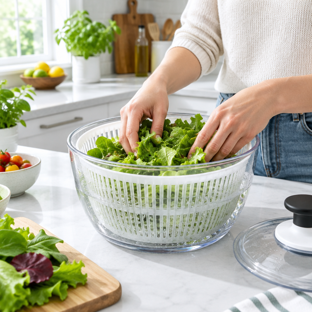 Salad spinner being used with fresh green salad on kitchen counter