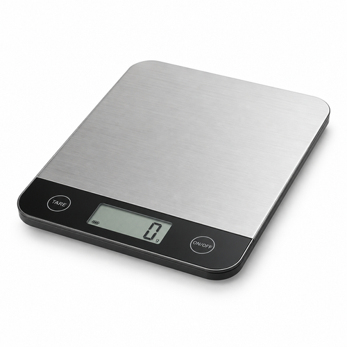 Digital kitchen scale on white background