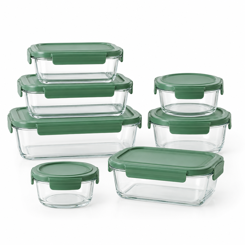 Set of 5 glass food storage containers on white background
