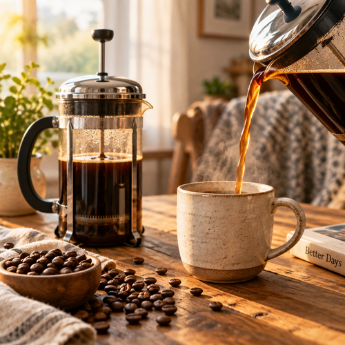 French press coffee being poured into a cup on a wooden table