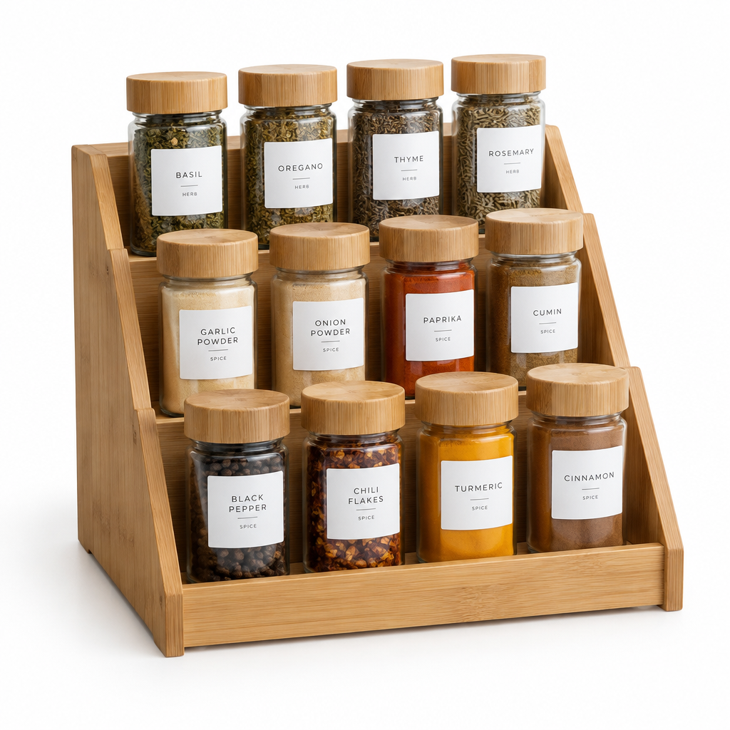 3-tier wooden spice rack organizer on white background