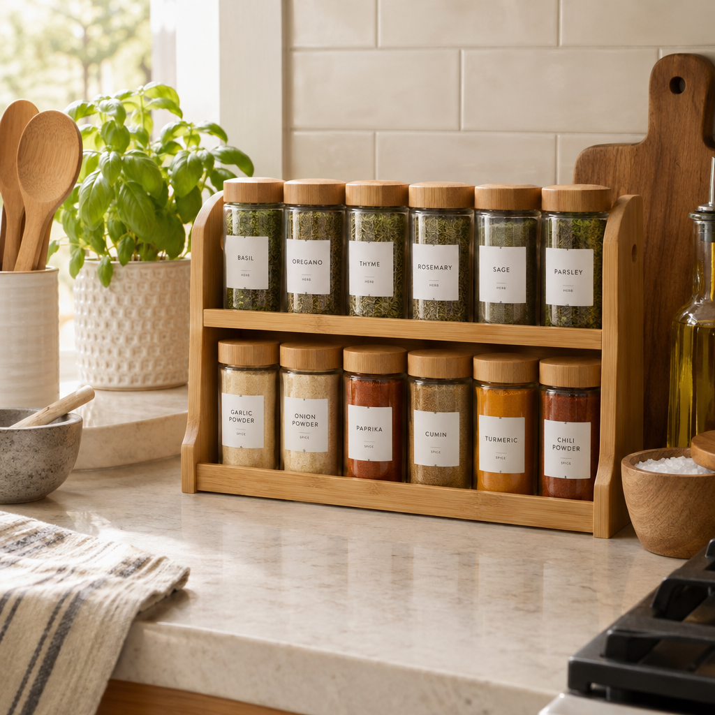 Spice rack organizer filled with spice jars on kitchen counter