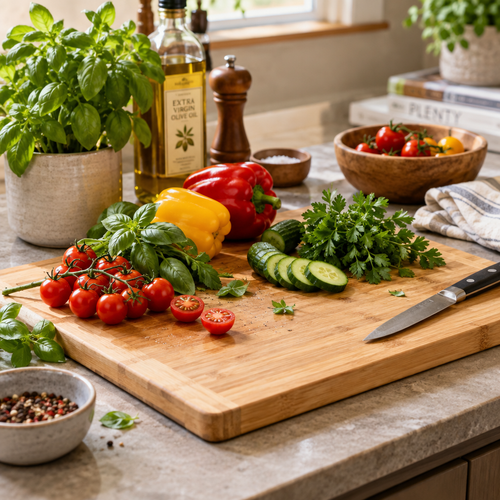 Bamboo cutting board with fresh vegetables on kitchen counter