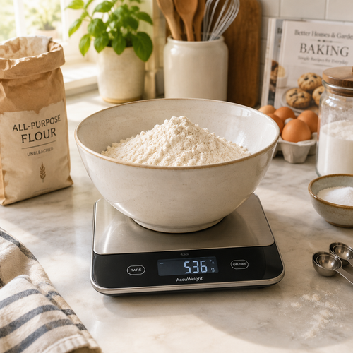 Digital kitchen scale weighing flour on kitchen counter